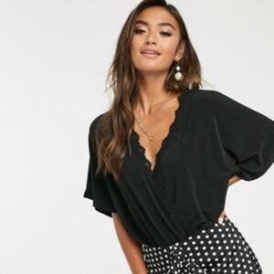 ASOS Angel Sleeve Wrap Lace Trim Bodysuit  Size 12